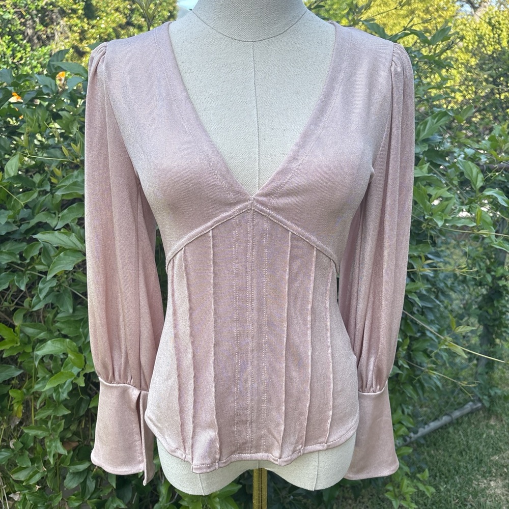 Free People Pink Metallic Corset Top with Puff Sleeves